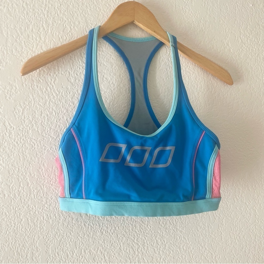 Lorna Jane Pink And Blue Logo Front Racerback Sports Bra